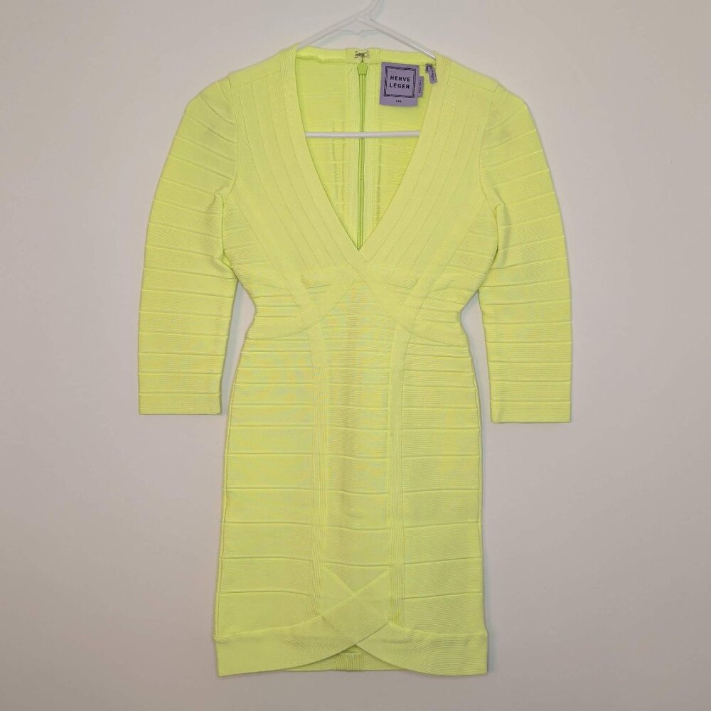 Herve Leger Neon Yellow/Green 'Nathalia' V-Neck 3/4 Sleeve Bandage Mini Dress - Picture 7 of 12